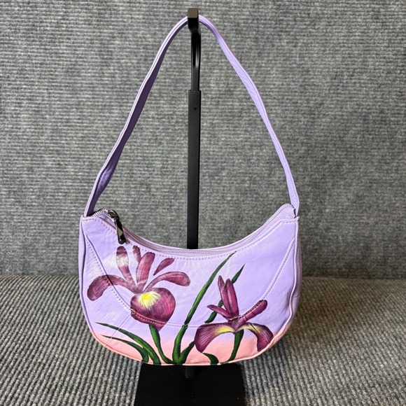 Via Via Couture Handbags - Via Via Couture Hand Painted Floral Leather Baguette Shoulder Bag Purple Y2K